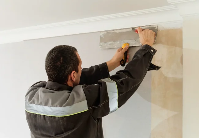 Man is cutting wallpaper. Maintenance repair works renovation in the flat. Apartment renovation and restoration idea indoors.
