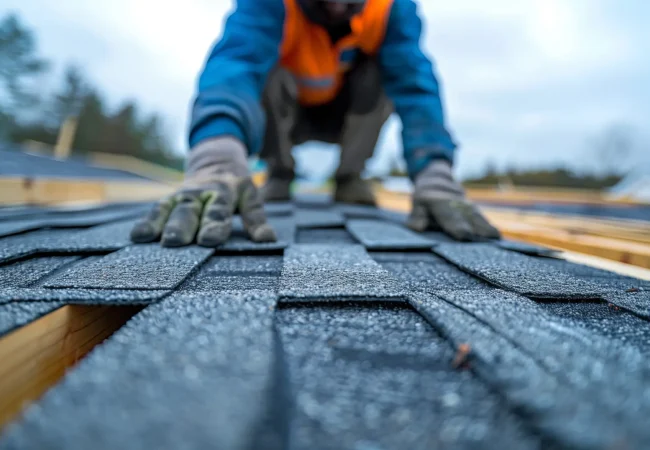 Detailed close up of a worker hands installing roof materials, emphasizing the professional nature of the roof repair and installation process.